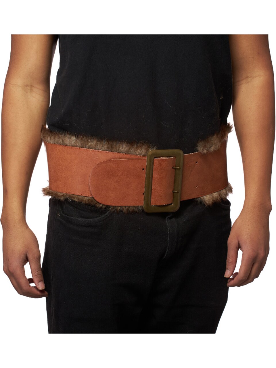 Leather Like Viking Belt with Faux Fur Trim Long Costume Accessory